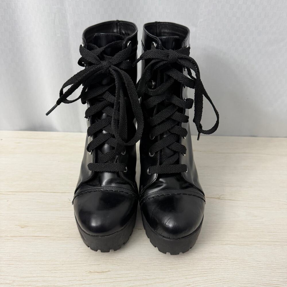 Schutz Black Leather Combat Boots Womens Size 8 B Heel Lace Up - Picture 4 of 13